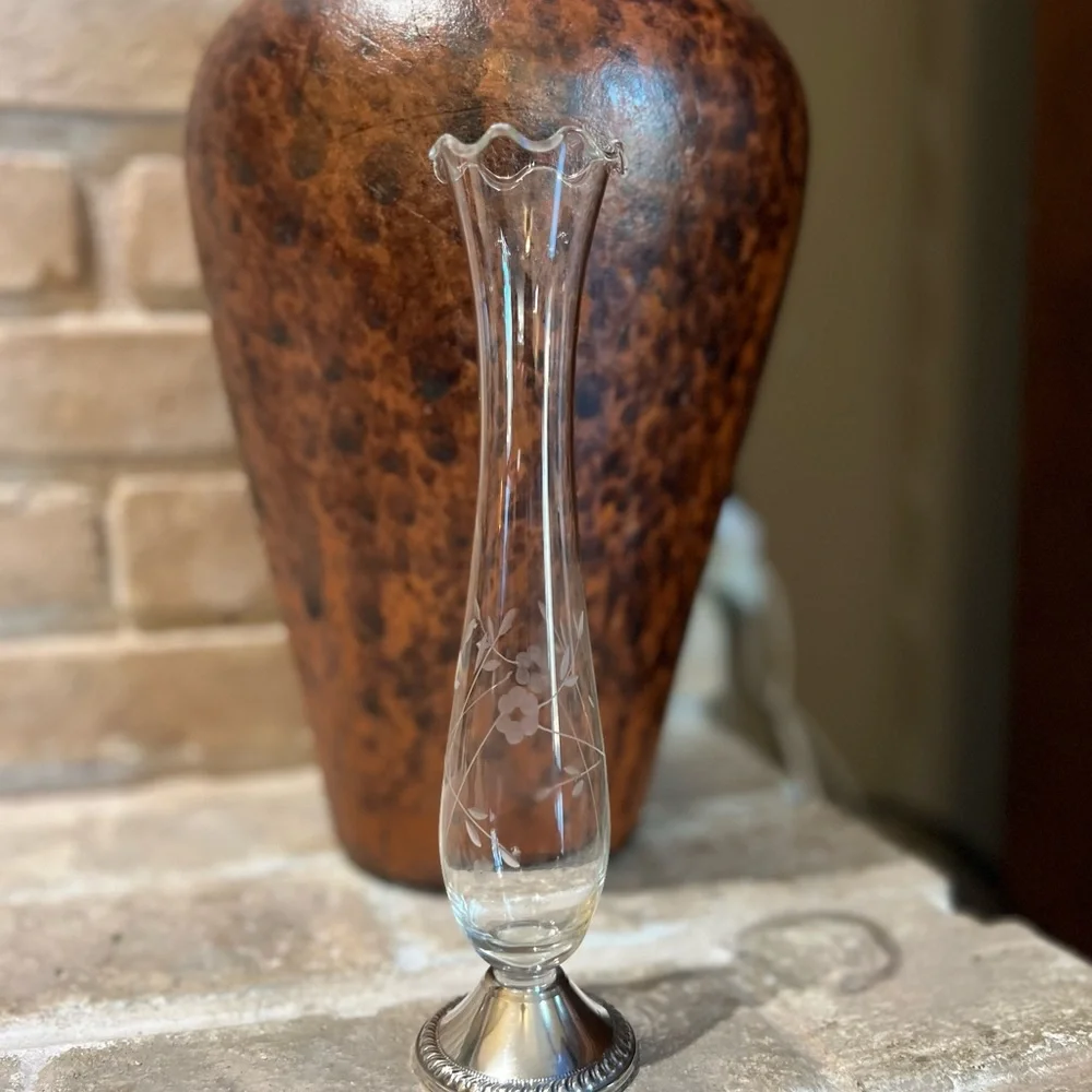 Vintage Duchin Creation Sterling Weighted Bud Vase Crystal Etched Flowers
